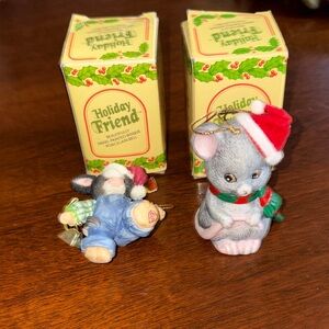 Holiday Friend Bells Mouse and Cow Ornaments with Santa Hats